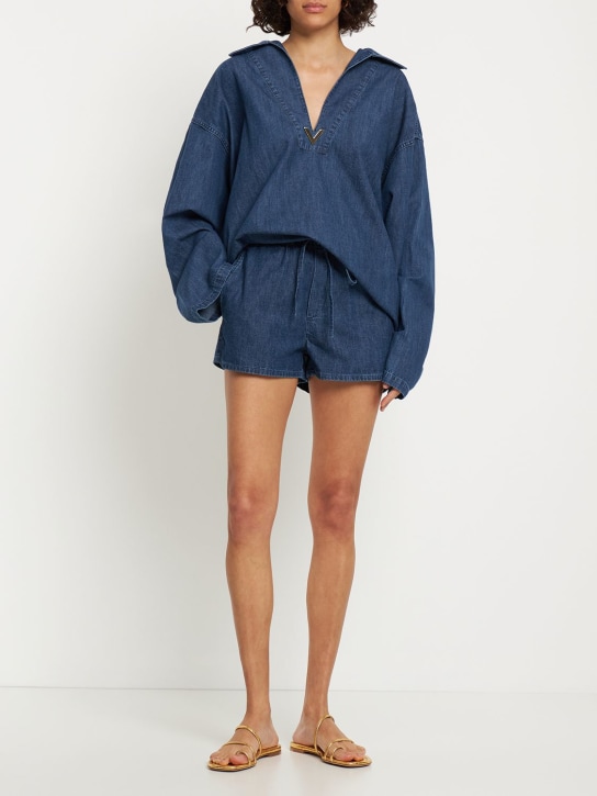 Valentino: V logo denim chambray mini shorts - Blue - women_1 | Luisa Via Roma