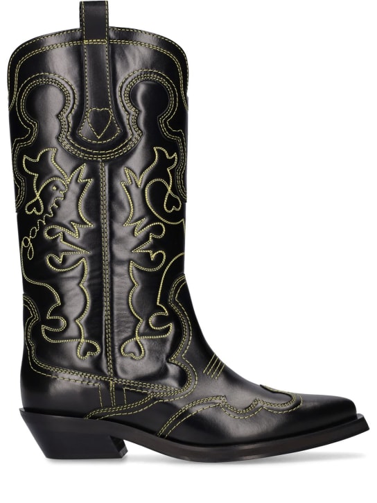 GANNI: 40mm Mid Shaft embroidered western boots - Black/Yellow - women_0 | Luisa Via Roma
