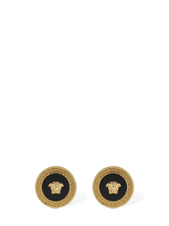 Versace: Greek motif & medusa stud earrings - Gold/Black - men_0 | Luisa Via Roma