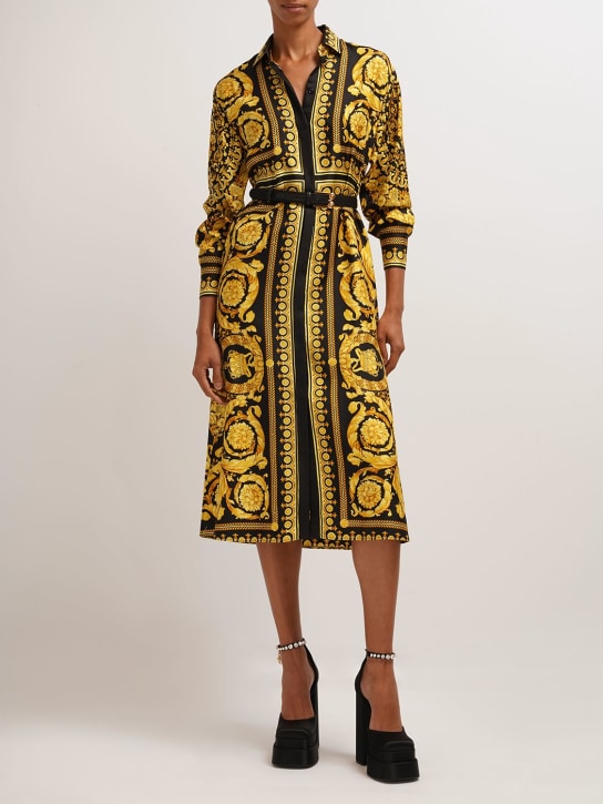 Versace: Barocco silk twill midi shirt dress - Multicolor - women_1 | Luisa Via Roma
