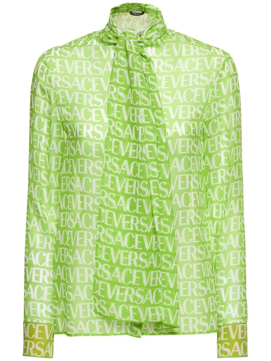 Versace: All over logo printed silk chiffon shirt - women_0 | Luisa Via Roma