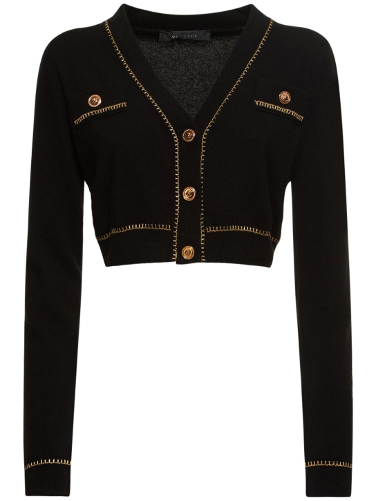 Versace: Cashmere knit lurex trim crop cardigan - Black - women_0 | Luisa Via Roma