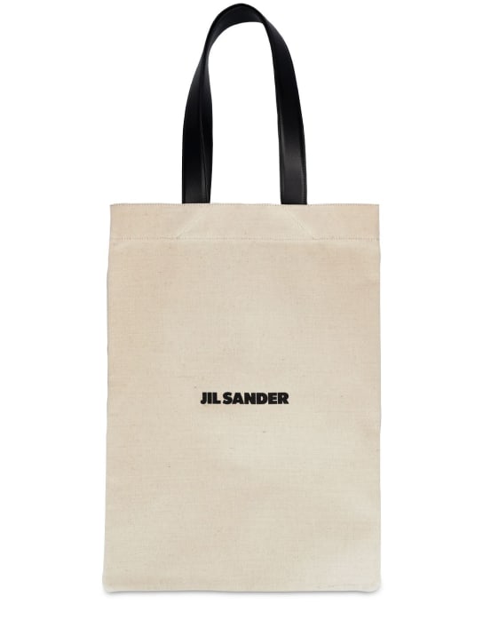 Jil Sander: Borsa shopping in lino e tela con logo - Natural - men_0 | Luisa Via Roma
