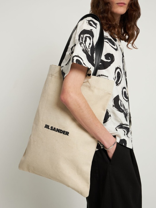 Jil Sander: Linen & canvas logo tote bag - Natural - men_1 | Luisa Via Roma