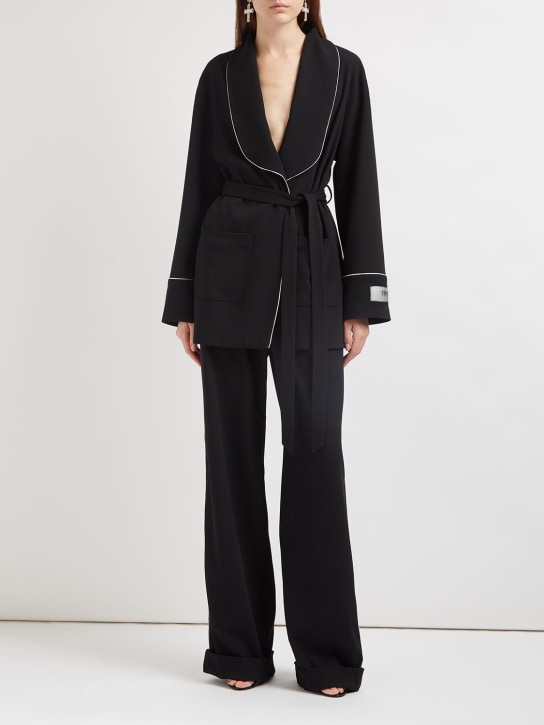 Dolce&Gabbana: Camisa de sarga de lana con cinturón - Negro/Blanco - women_1 | Luisa Via Roma