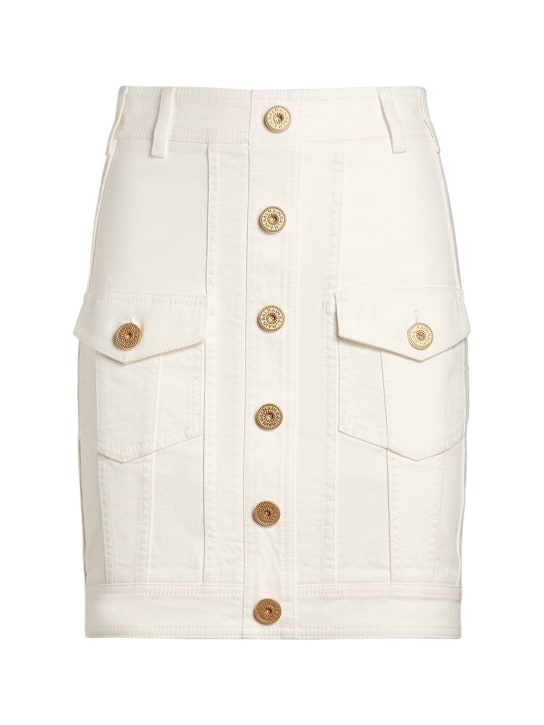 Balmain: Cotton denim buttoned mini skirt - White - women_0 | Luisa Via Roma