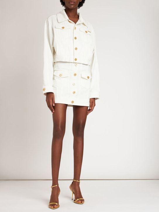 Balmain: Cotton denim buttoned mini skirt - White - women_1 | Luisa Via Roma