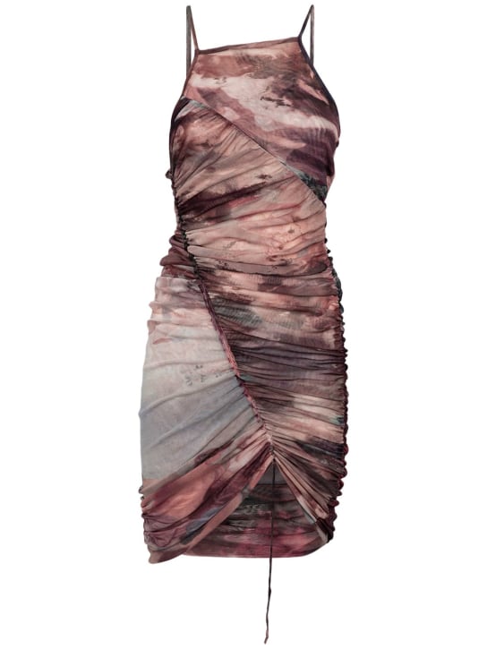 Balmain: Vestito in tulle stampato arricciato - Multicolore - women_0 | Luisa Via Roma