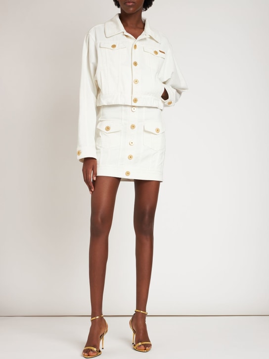 Balmain: Cotton denim buttoned crop jacket - White - women_1 | Luisa Via Roma