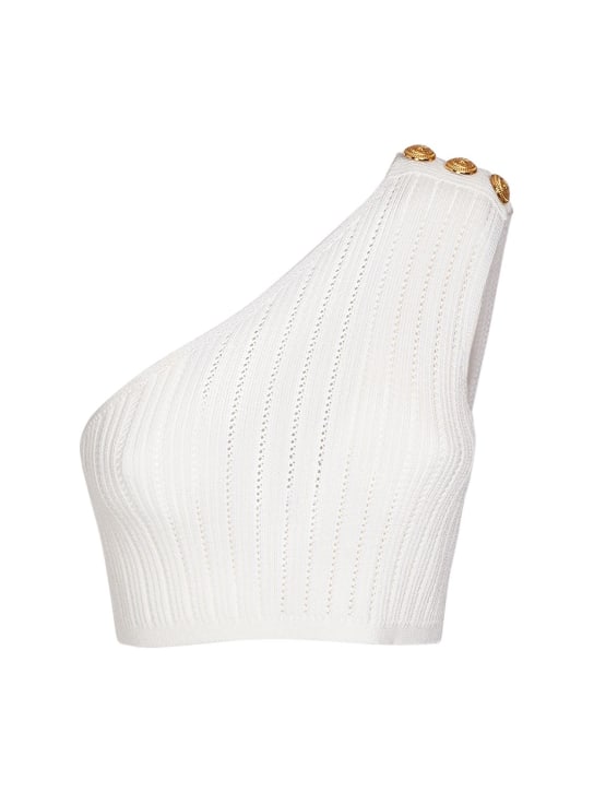 Balmain: Asymmetric ribbed knit crop top - White - women_0 | Luisa Via Roma