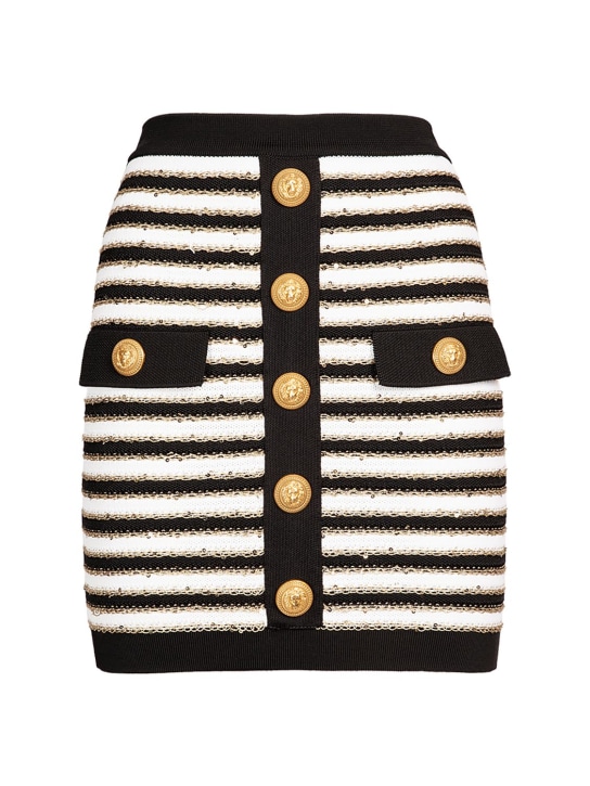 Balmain: Striped viscose knit button mini skirt - Black/White - women_0 | Luisa Via Roma