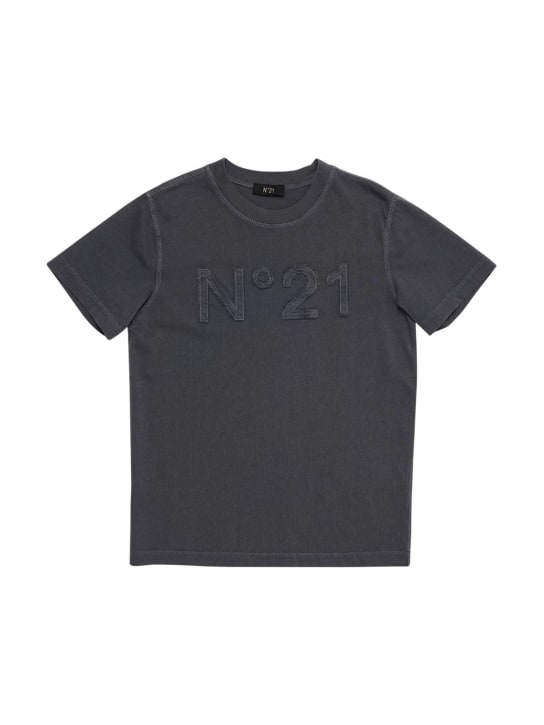 N°21: Camiseta de jersey de algodón con parche - Gris Oscuro - kids-girls_0 | Luisa Via Roma