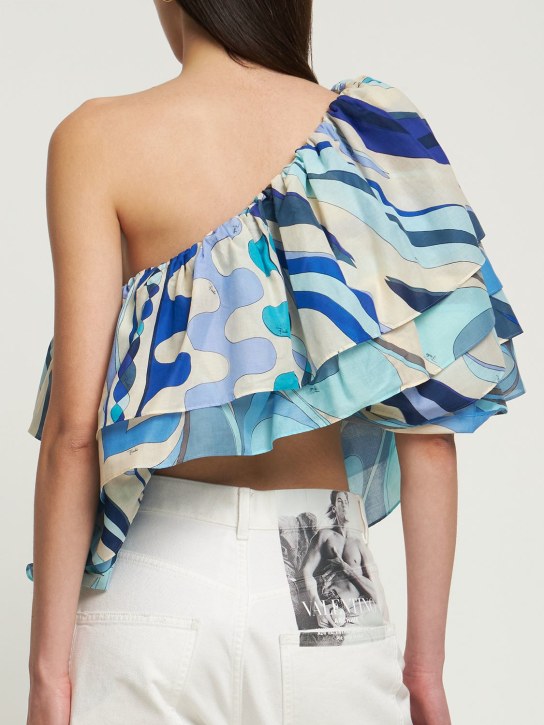 Pucci: Printed muslin ruffles one shoulder top - Blue - women_1 | Luisa Via Roma
