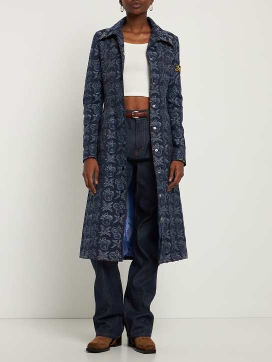 Etro: Embroidered denim belted long coat - Blue - women_1 | Luisa Via Roma