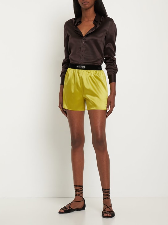 Tom Ford: Logo silk satin mini shorts - Green/Yellow - women_1 | Luisa Via Roma