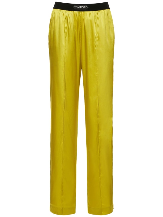 Tom Ford: Pantalones de pijama de satén de seda con logo - Verde/Amarillo - women_0 | Luisa Via Roma