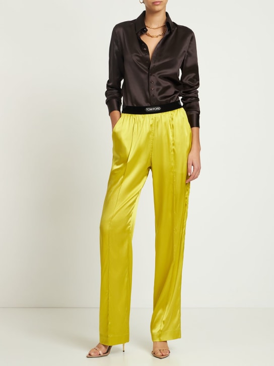 Tom Ford: Logo silk satin pajama pants - Green/Yellow - women_1 | Luisa Via Roma