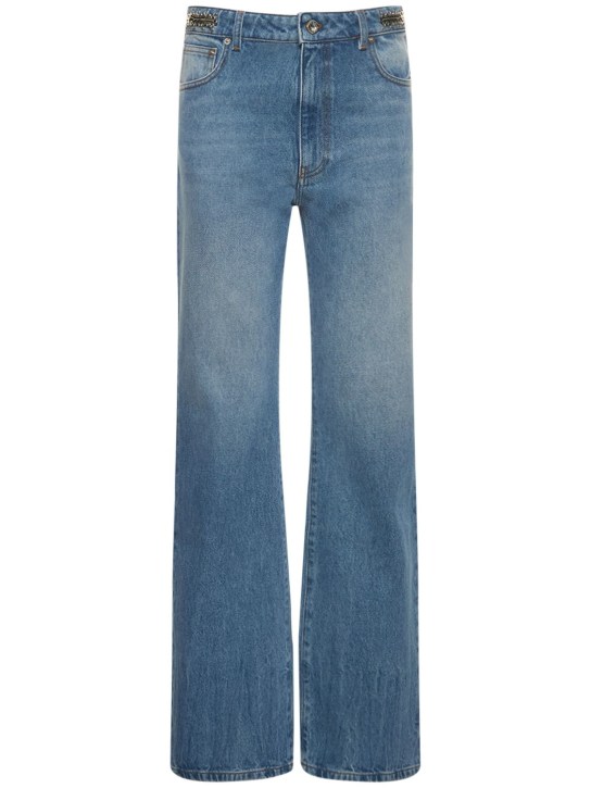 Rabanne: Denim embellished high rise jeans - Denim/White - women_0 | Luisa Via Roma