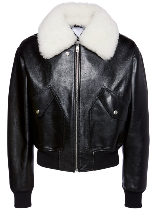 Bottega Veneta: Shearling collar leather jacket - Black - men_0 | Luisa Via Roma