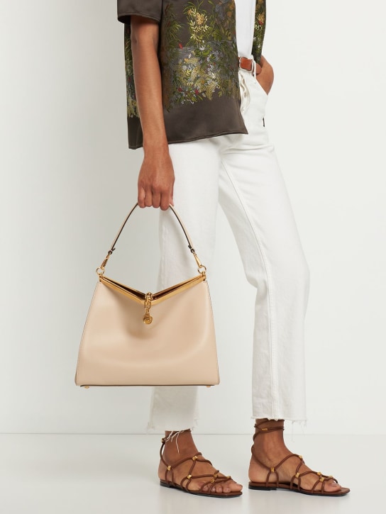 Etro: Large Vela leather shoulder bag - Beige - women_1 | Luisa Via Roma