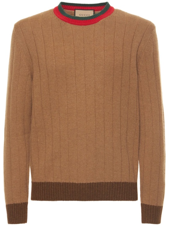 Gucci: Rib knit camel sweater - Camel/Brown - men_0 | Luisa Via Roma