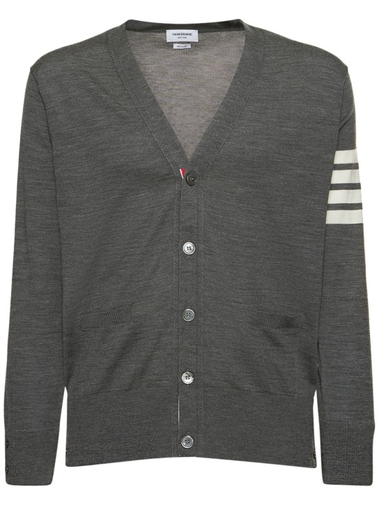 Thom Browne: 4-Bar Wool fine knit cardigan - Med Grey - men_0 | Luisa Via Roma