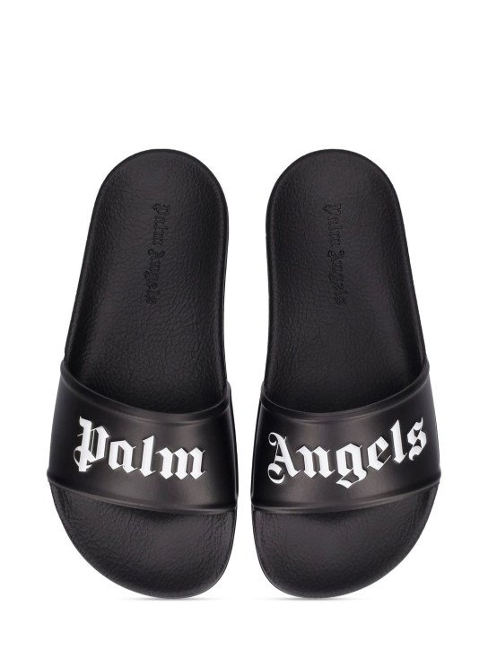 Palm Angels: Logo print pool rubber slide sandals - Black - kids-girls_1 | Luisa Via Roma