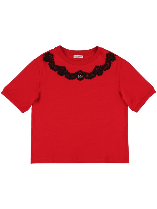 Dolce&Gabbana: T-shirt in jersey di cotone con logo e pizzo - Rosso - kids-girls_0 | Luisa Via Roma