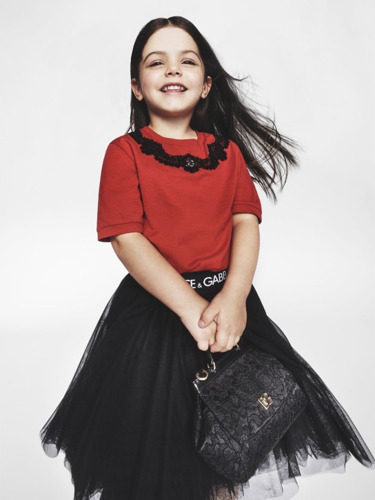 Dolce&Gabbana: T-shirt in jersey di cotone con logo e pizzo - Rosso - kids-girls_1 | Luisa Via Roma