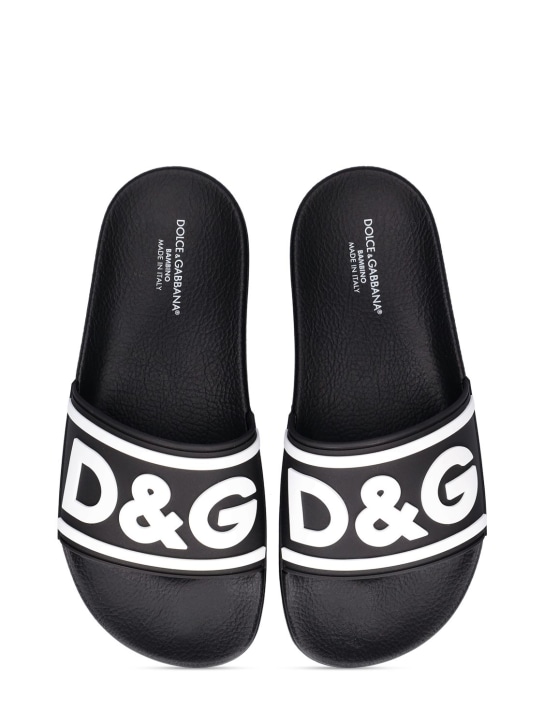 Dolce&Gabbana: Sandalias planas de goma con logo - Negro/Blanco - kids-boys_1 | Luisa Via Roma
