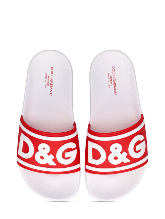 Dolce&Gabbana: Sandalias planas de goma con logo - Blanco/Rojo - kids-girls_1 | Luisa Via Roma