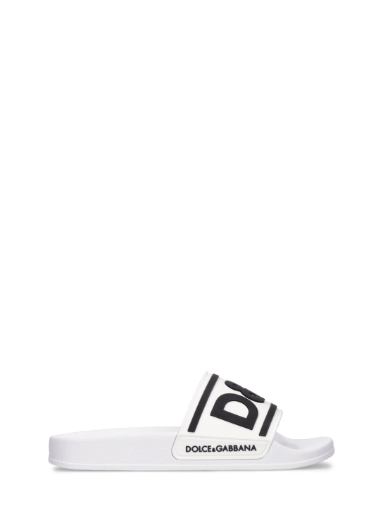 Dolce&Gabbana: Claquettes en caoutchouc à logo - Blanc/Noir - kids-girls_0 | Luisa Via Roma