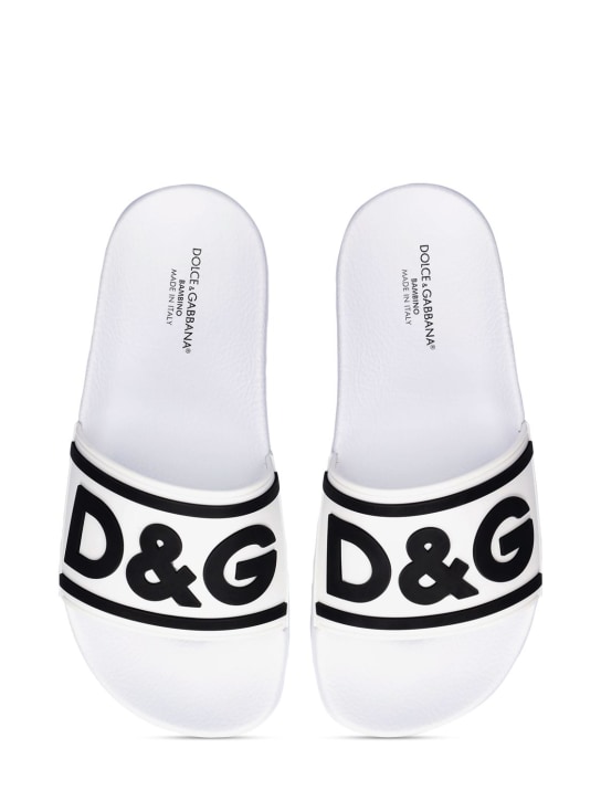 Dolce&Gabbana: Claquettes en caoutchouc à logo - Blanc/Noir - kids-boys_1 | Luisa Via Roma