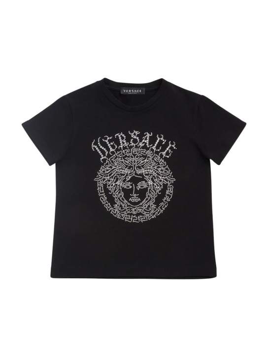 Versace: T-shirt in jersey di cotone con decorazioni - Nero - kids-boys_0 | Luisa Via Roma