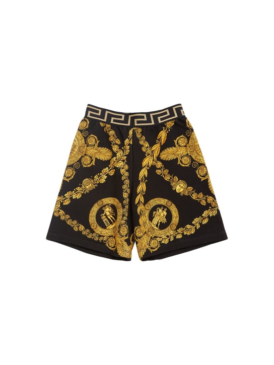 Versace: Shorts deportivos de algodón con estampado - Negro/Amarillo - kids-boys_0 | Luisa Via Roma