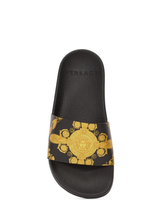 Versace: Baroque print rubber slide sandals - Black/Yellow - kids-boys_1 | Luisa Via Roma