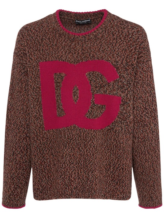 Dolce&Gabbana: Suéter de lana con logo intarsia - Café/Rojo - men_0 | Luisa Via Roma