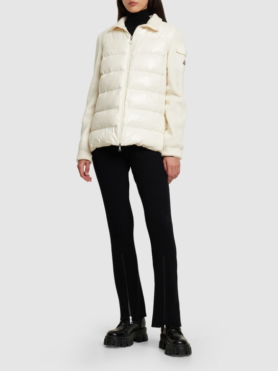 Moncler: Wool knit & nylon down cardigan jacket - White - women_1 | Luisa Via Roma