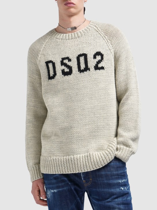 Dsquared2: Suéter de lana con logo intarsia - Gris Negro - men_1 | Luisa Via Roma
