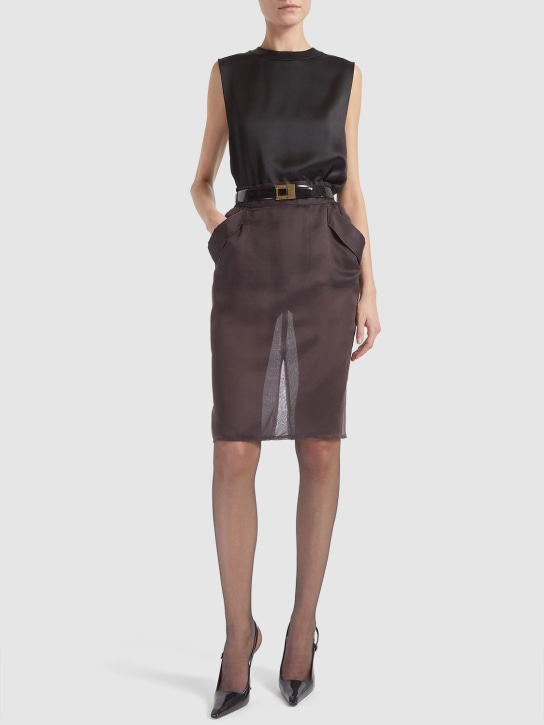 Saint Laurent: Sheer silk midi skirt - Marron Fonce - women_1 | Luisa Via Roma