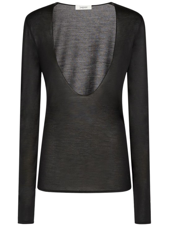 Saint Laurent: Scoop neck silk long-sleeved t-shirt - Black - women_0 | Luisa Via Roma