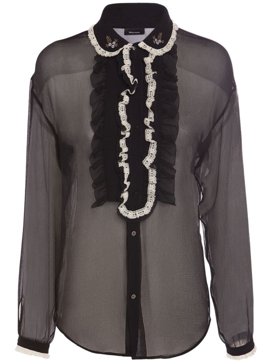 Dsquared2: Frilled silk chiffon long sleeve shirt - women_0 | Luisa Via Roma