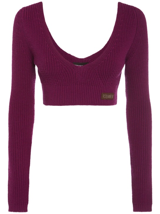 Dsquared2: Ribbed knit long sleeve crop top - Purple - women_0 | Luisa Via Roma
