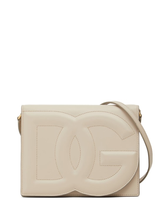 Dolce&Gabbana: Bolso de hombro de piel con logo - Marfil - women_0 | Luisa Via Roma