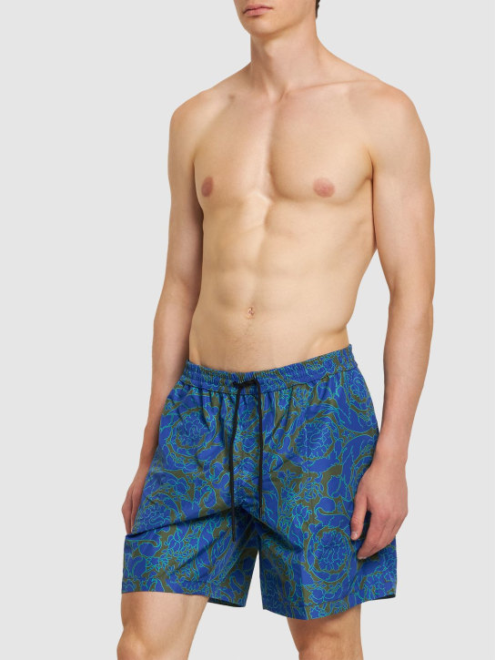 Versace: Barocco printed nylon swim shorts - Khaki/Blu - men_1 | Luisa Via Roma