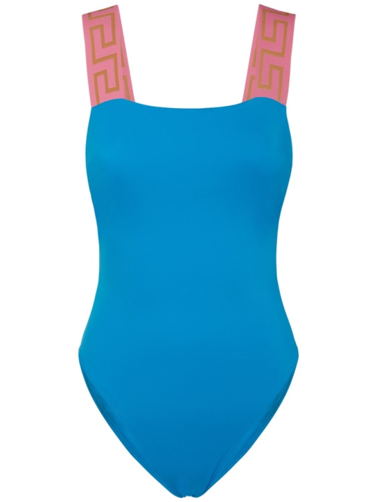 Versace: Greca logo one piece swimsuit - Blue/Pink - women_0 | Luisa Via Roma