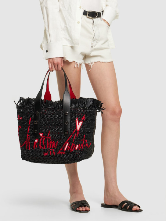 Christian Louboutin: Medium Frangibus raffia tote bag - Black/Multi - women_1 | Luisa Via Roma