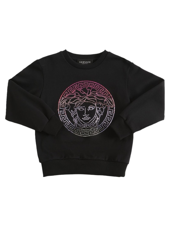 Versace: Sweat-shirt en coton à logo embelli - Noir - kids-girls_0 | Luisa Via Roma