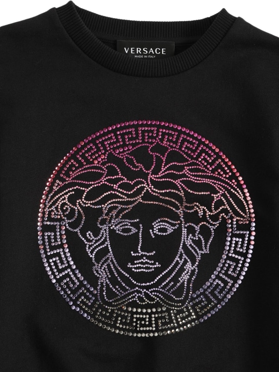 Versace: Sweat-shirt en coton à logo embelli - Noir - kids-girls_1 | Luisa Via Roma