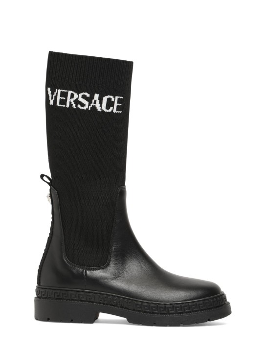 Versace: Logo leather & knit boots - Black - kids-girls_0 | Luisa Via Roma